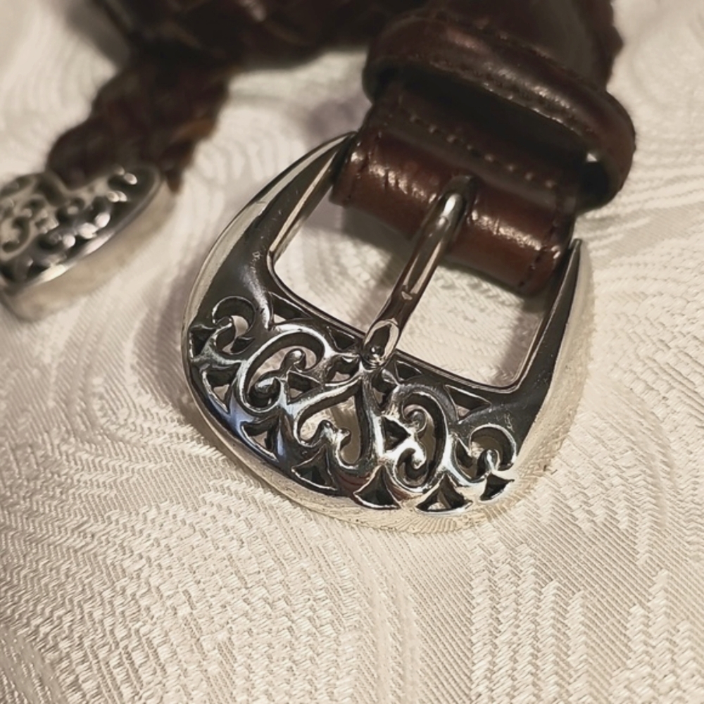 Braided bourbon brown leather belt with silver filligre buckle vintage 1995 w 30 - Picture 2 of 7